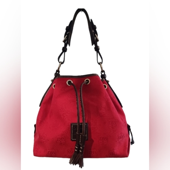 Dooney & Bourke Handbags - Dooney and Bourke Red Canvas Leather Drawstring Shoulder Bucket Bag